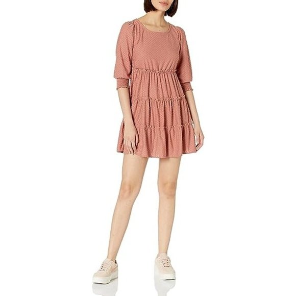 Speechless Women Swiss Dot Tiered Dress 3/4 Sleeve Back Keyhole Rust Size Small - Picture 1 of 8